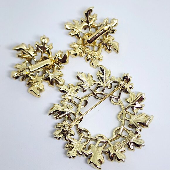 Sarah Coventry Silver Gold Holiday Christmas Wreath Pin & Clip Earrings Set - Picture 8 of 13